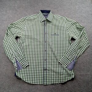 Blue Industry Shirt Mens 41 Large Green White Gingham Check‎ Long Sleeve